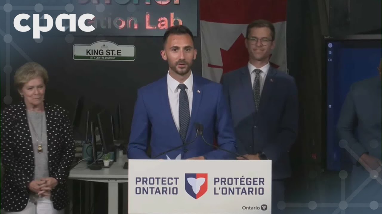 Ontario Energy Minister Stephen Lecce speaks with reporters in Kitchener – July 2, 2025