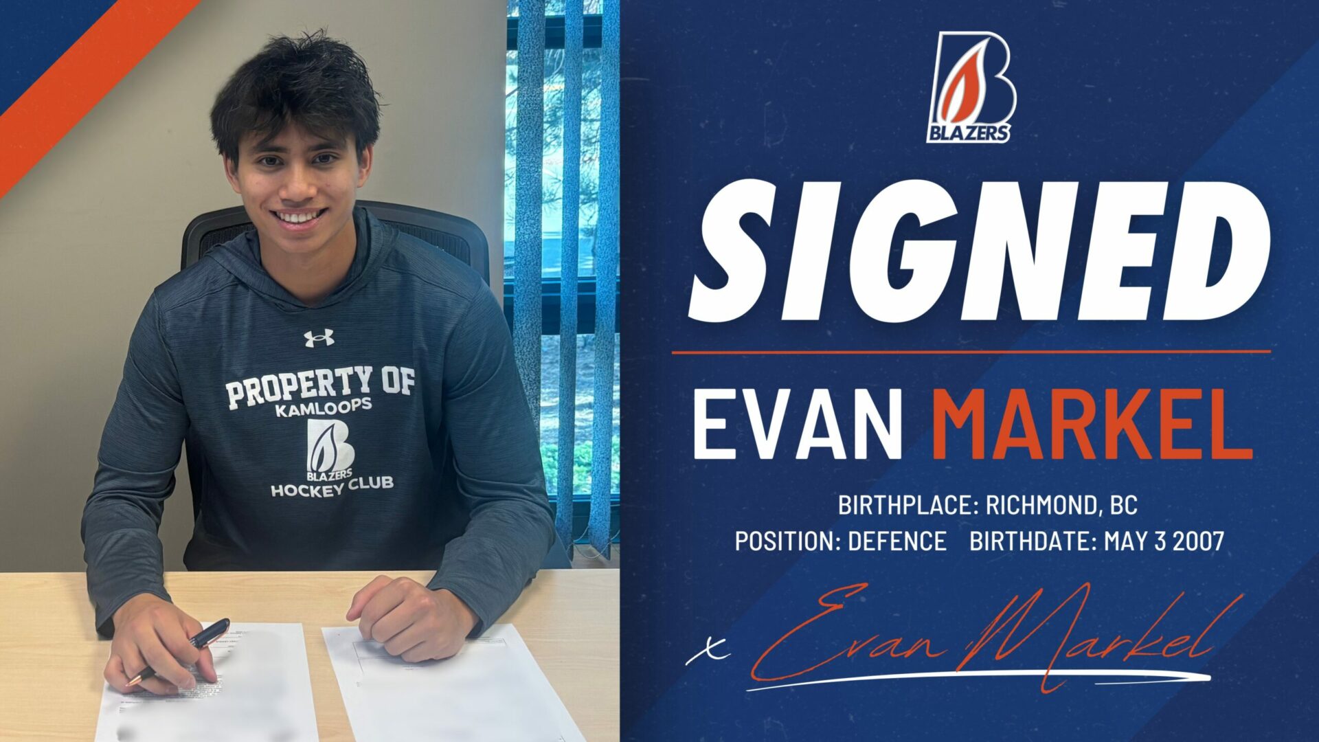 BLAZERS SIGN 2007-BORN DEFENSEMAN EVAN MARKEL