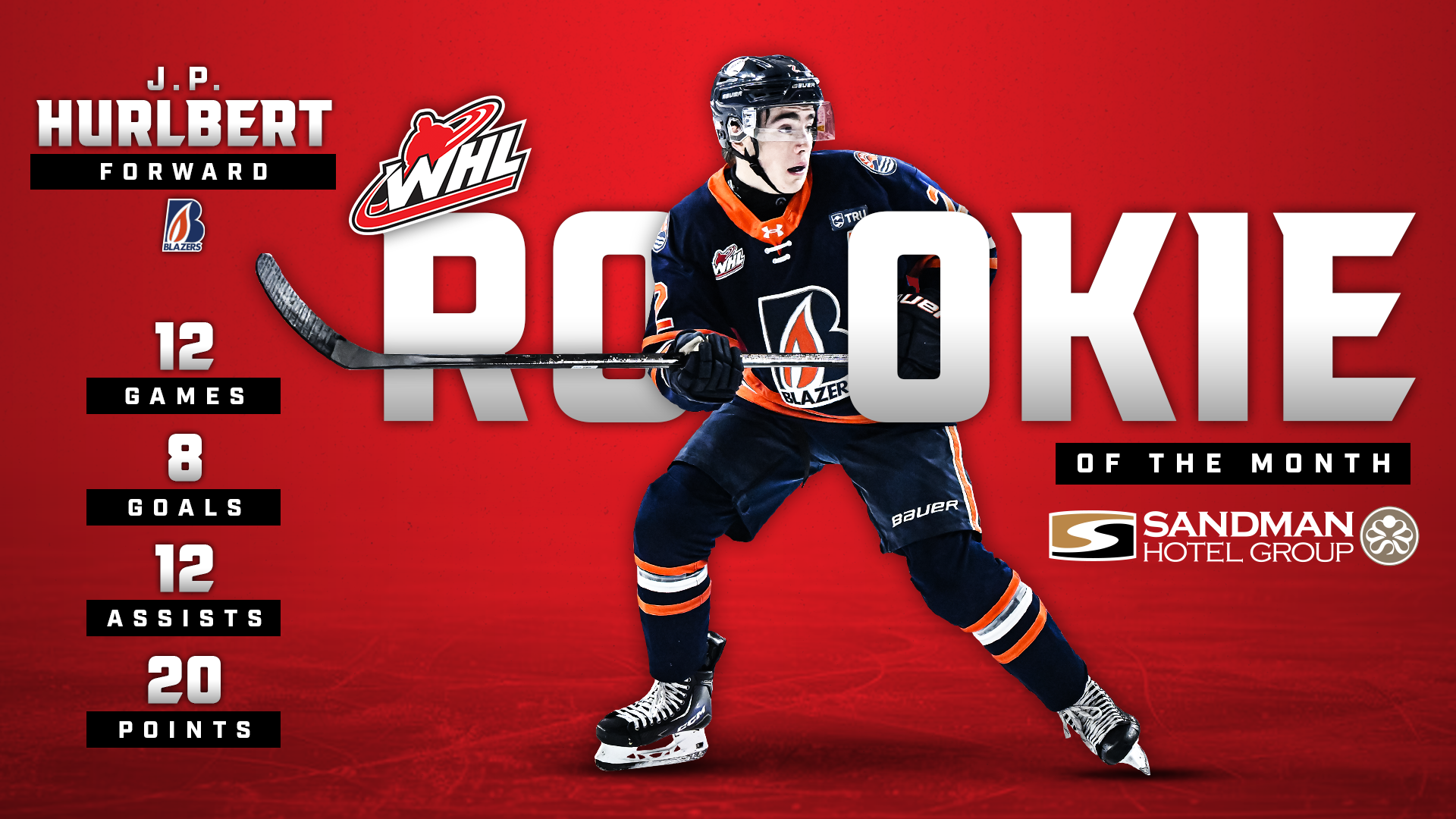 Blazers forward Hurlbert named Sandman WHL Rookie of the Month for November